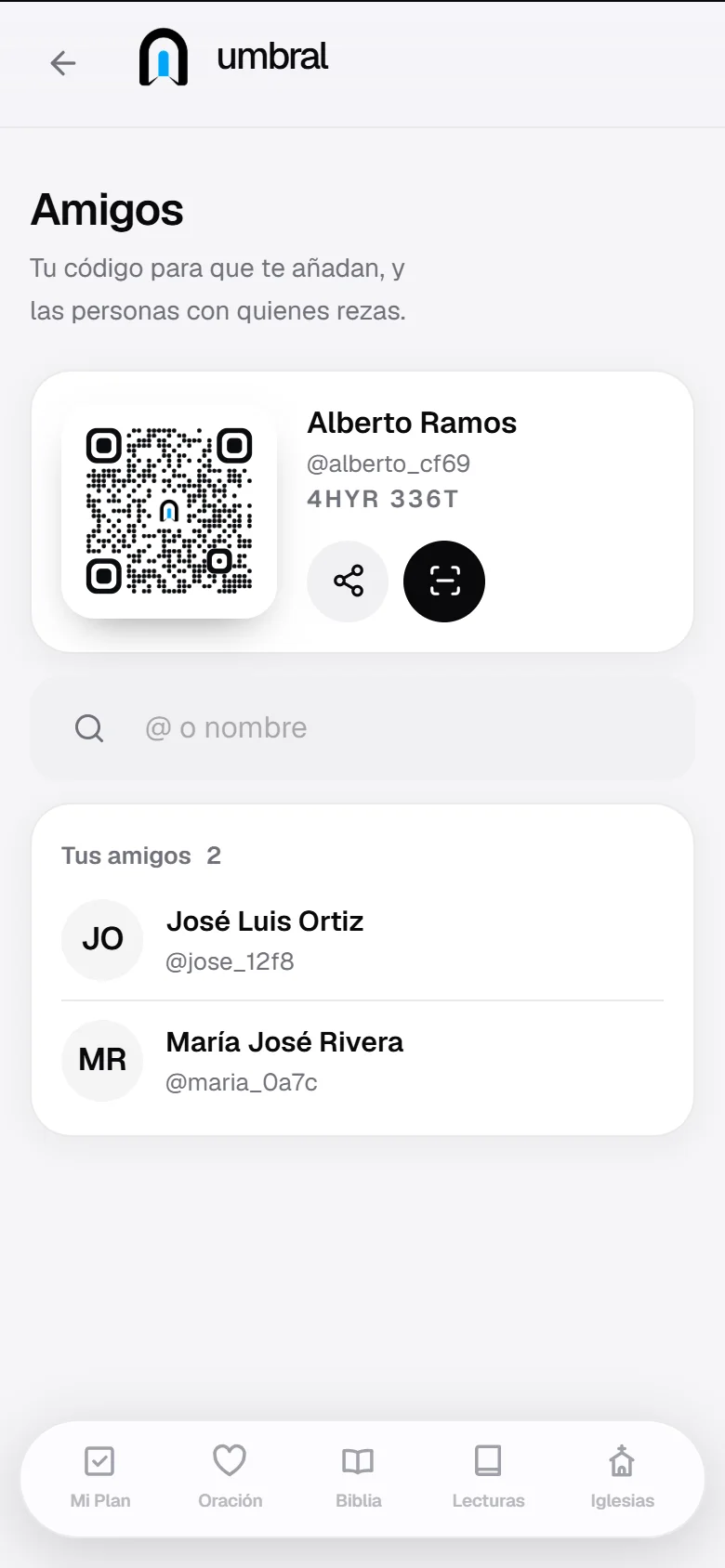 Amigos: el código QR de Alberto Ramos, la búsqueda por @ o nombre y sus amigos José Luis Ortiz y María José Rivera