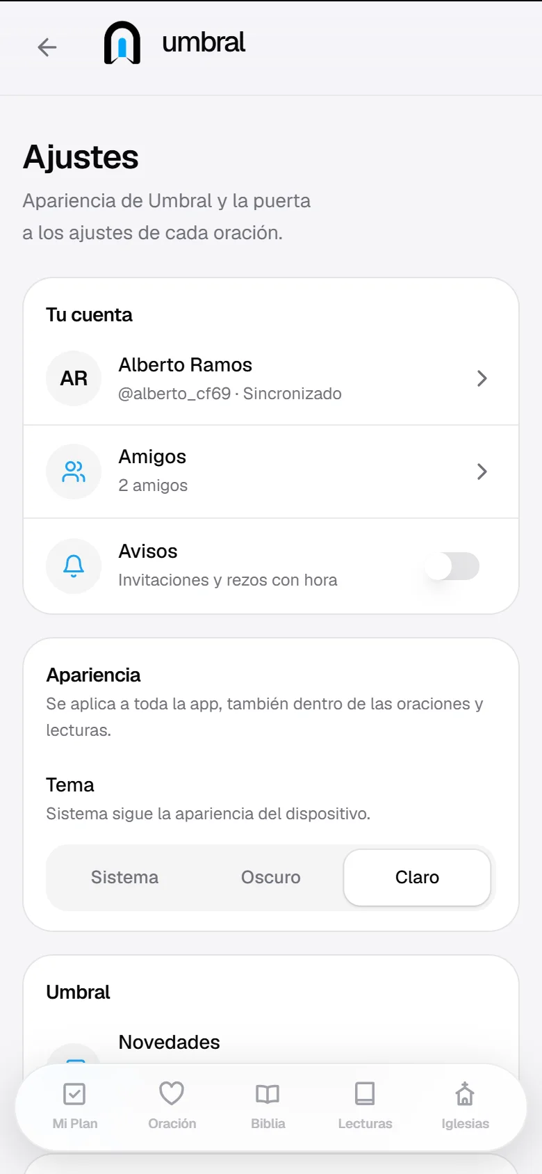 Tu cuenta en Ajustes: Alberto Ramos sincronizado, dos amigos y los avisos