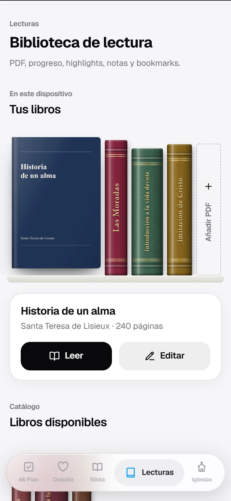 Historia de un alma fuera del estante, con su portada y los botones Leer y Editar